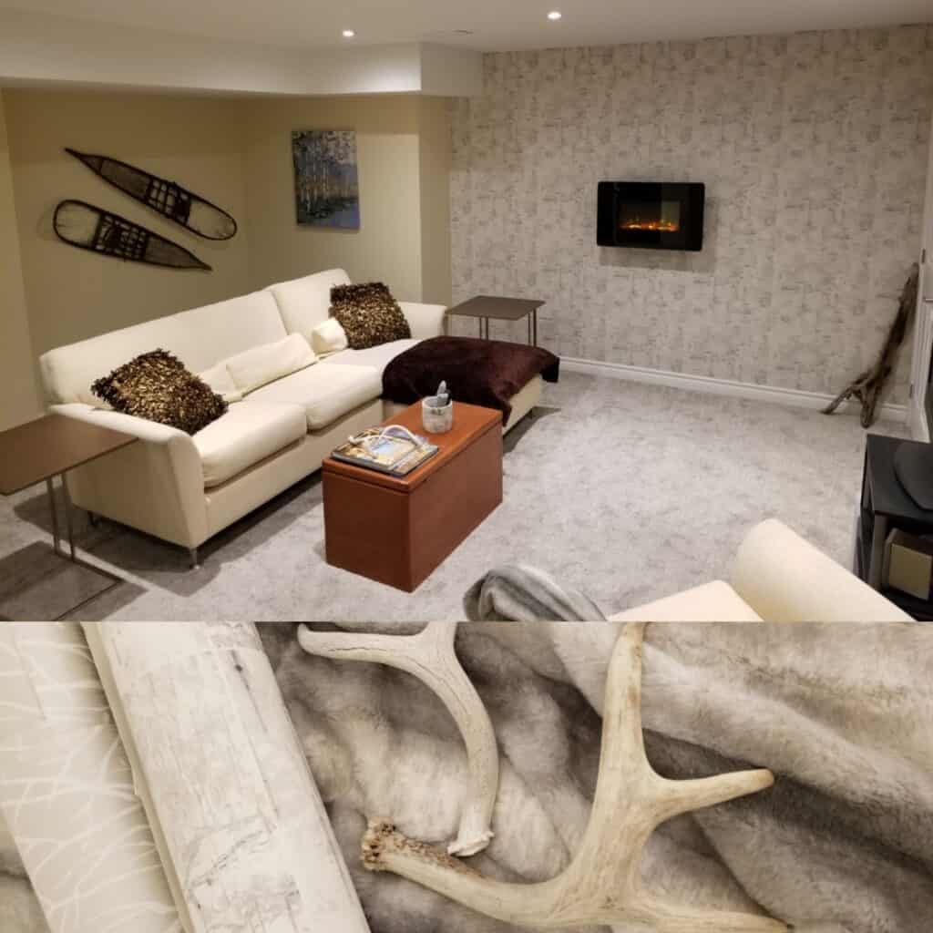 Birch bark inspired wallpaper, an electric fireplace, and broadloom feature in this renovated basement project.