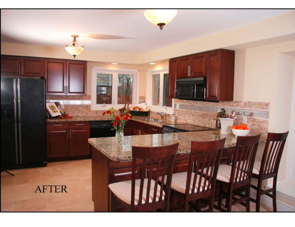 We kept the kitchen footprint but replaced flooring, cabinetry, countertops, and backsplash