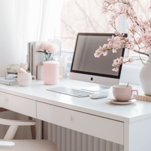 Tidy desk with flowers