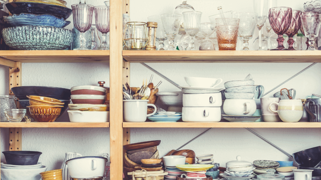 Lots of glasses, plates, bowls on a shelving unit