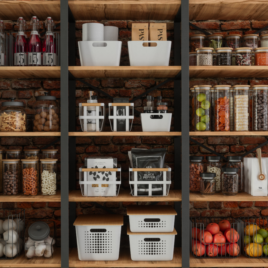 Organized pantry with uniform labels, baskets, and containers