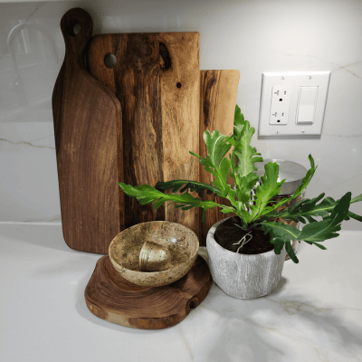 Cutting boards are always a good way to stage a kitchen