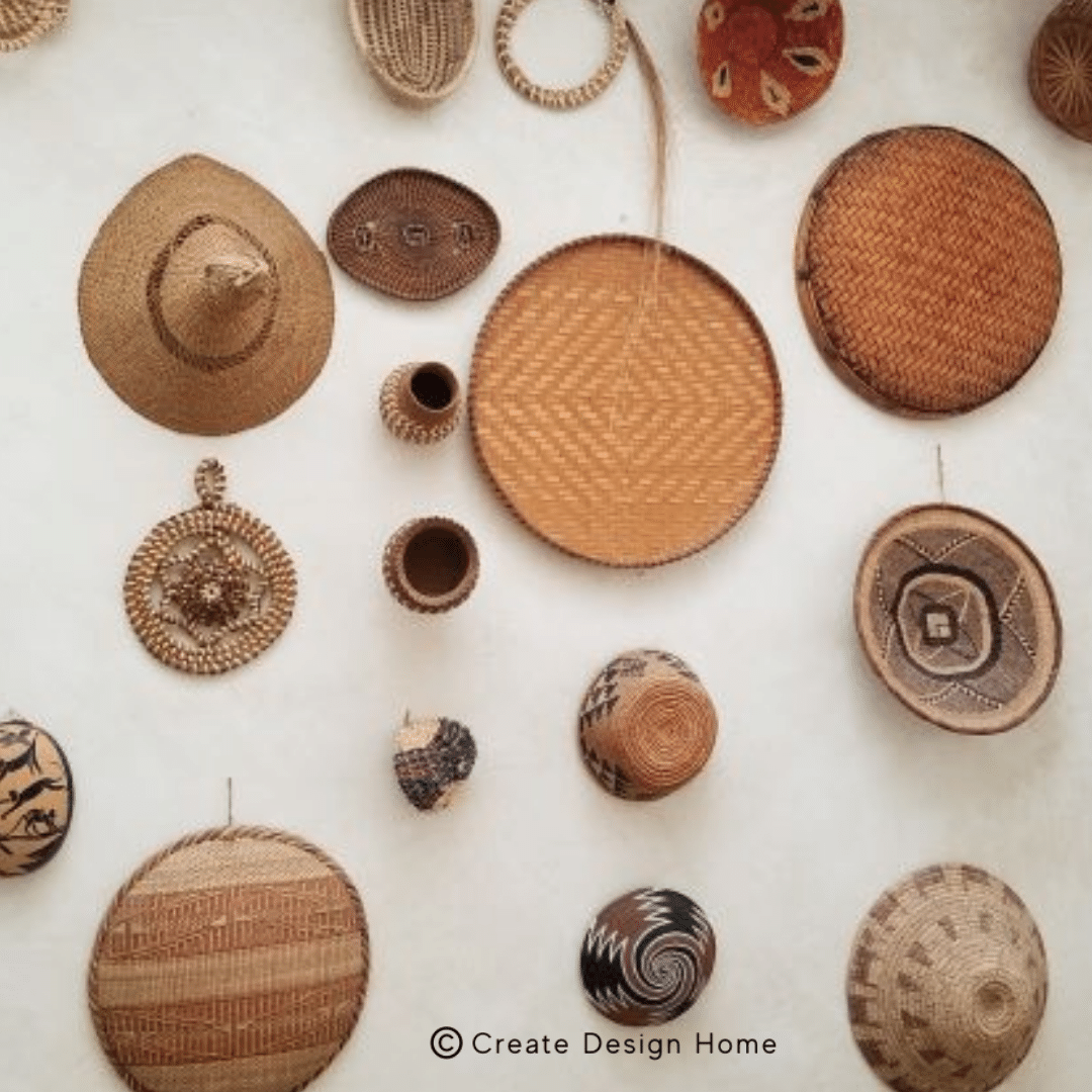 Collection of baskets displayed on a wall shows home's style