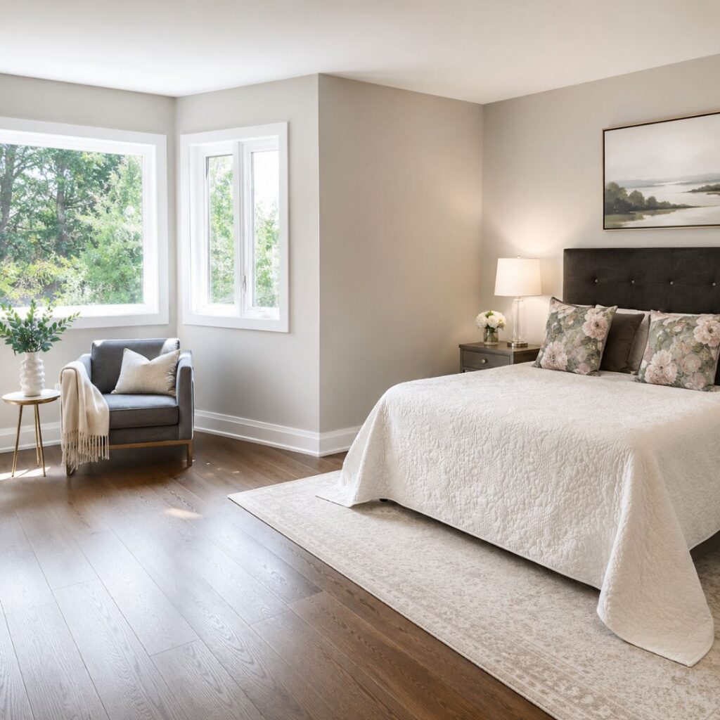 Contemporary cozy primary bedroom with seating area