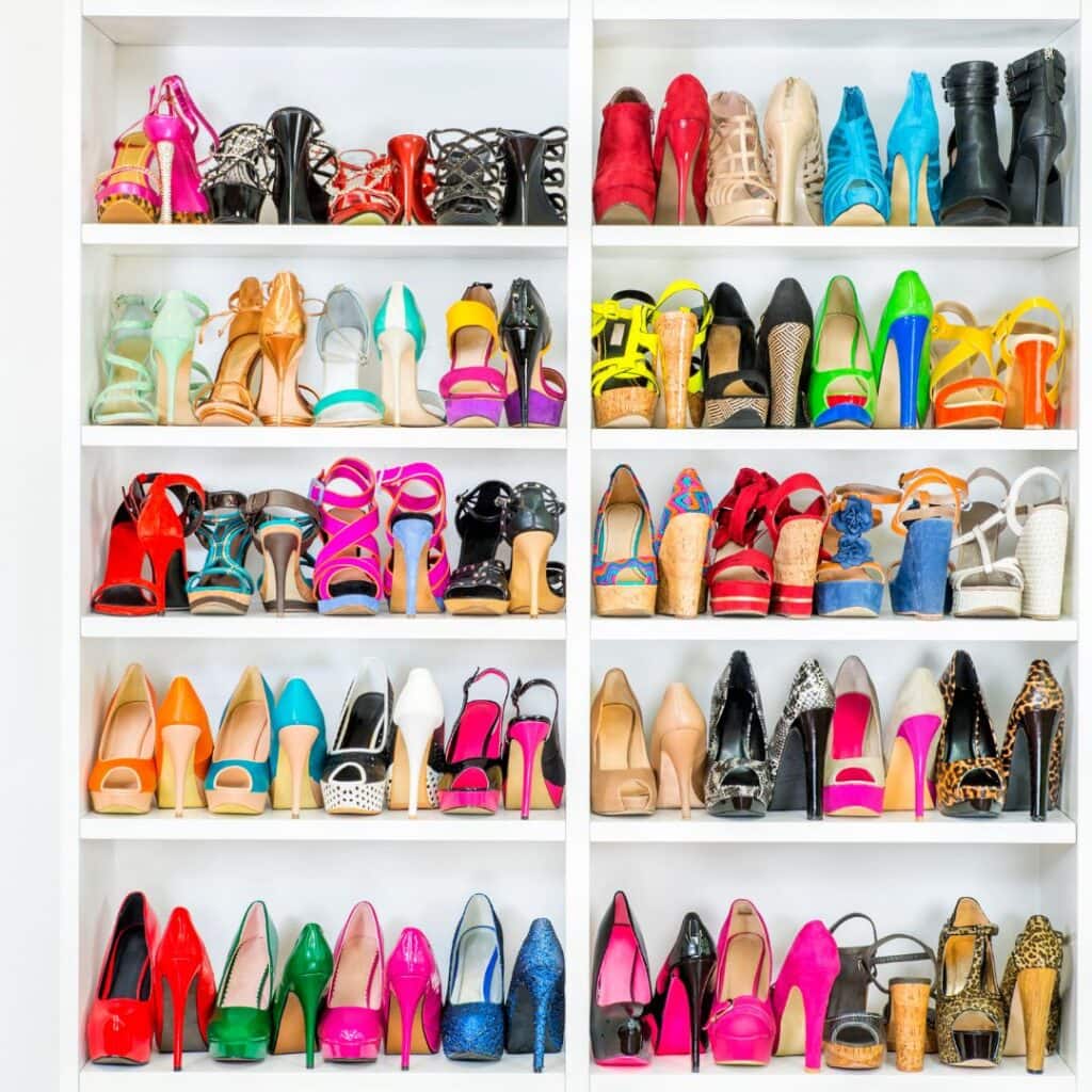 Shoe rack with many colorful high heels