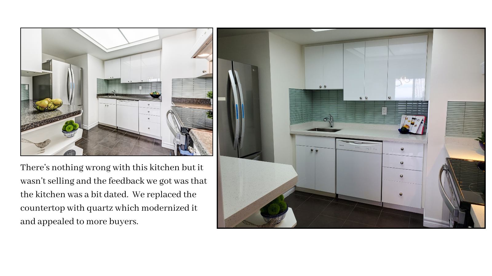 We staged this dated kitchen by updating the countertop