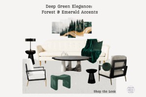 Tints and Tones of Forest and Emerald Green liven up a neutral living room