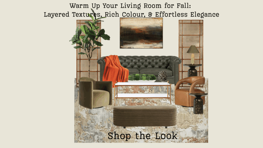 A curated fall living room with olive green, terracotta, and warm neutrals. Shop the exact furniture + decor to recreate the look.