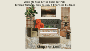 A curated fall living room with olive green, terracotta, and warm neutrals. Shop the exact furniture + decor to recreate the look.