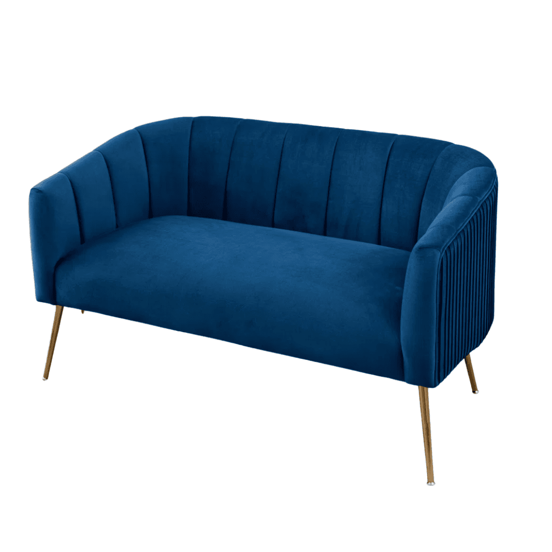 Blue velvet loveseat with gold legs in elegant transitional style
