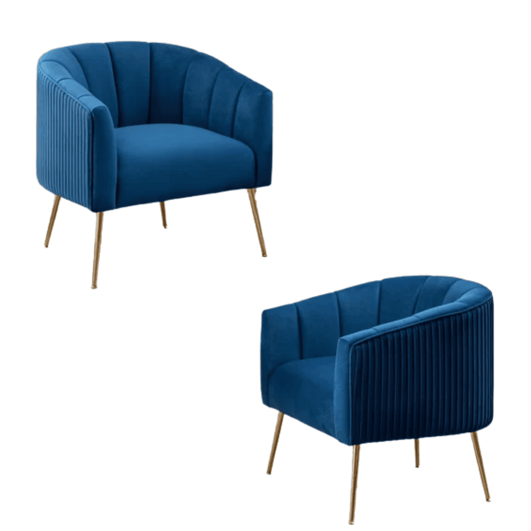 Blue velvet accent chairs with channel tufting and gold legs