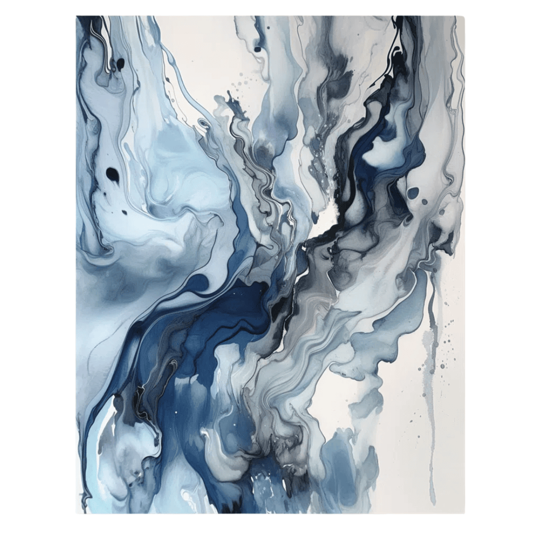 Abstract blue and white artwork with fluid painterly movement