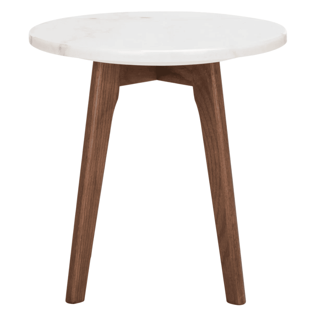 Round marble accent table with wood tripod base