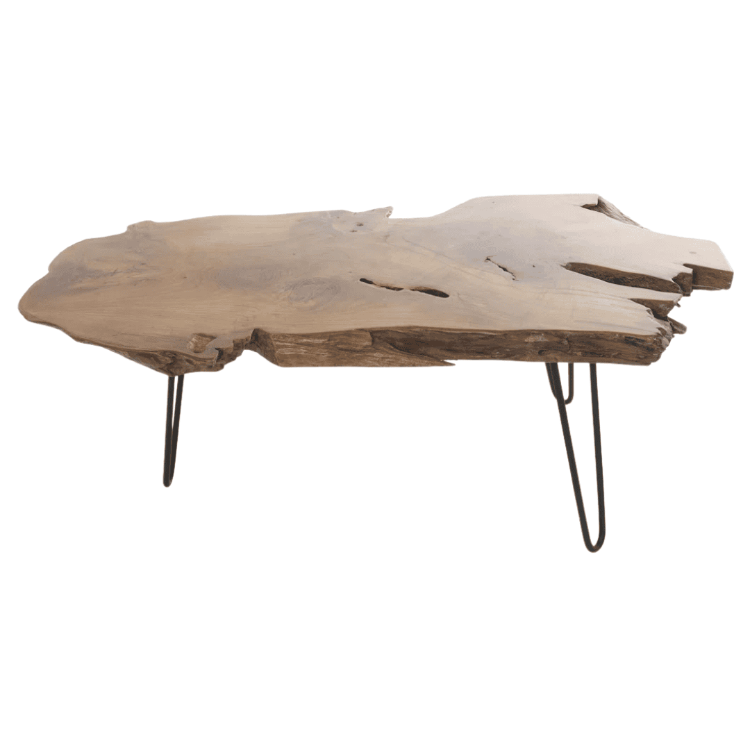 Live edge wood coffee table with black metal hairpin legs