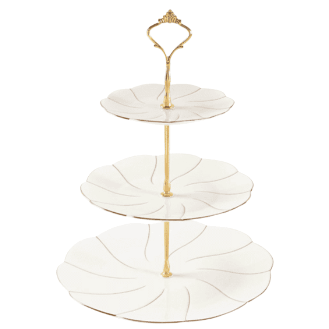 A refined white and gold tiered stand with oversized plates — perfect for displaying berries, chocolates, or pastries in an elevated, patisserie-inspired way.
