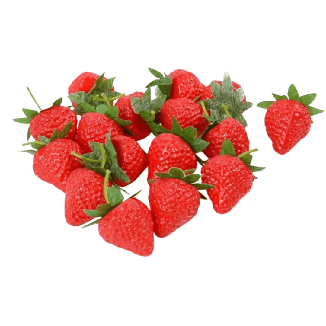 Bright, lifelike faux strawberries that add a cheerful pop of red — perfect for styling dessert stands, tiered trays, or playful kitchen displays.