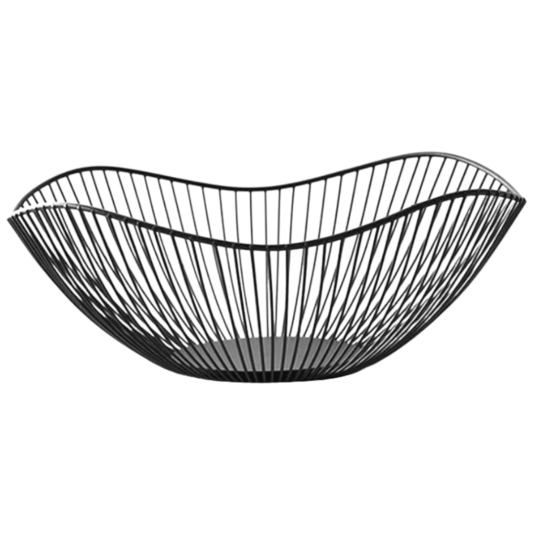 A modern black metal bowl with sculptural lines — stylish storage for fruit, produce, or decorative fillers on any countertop.