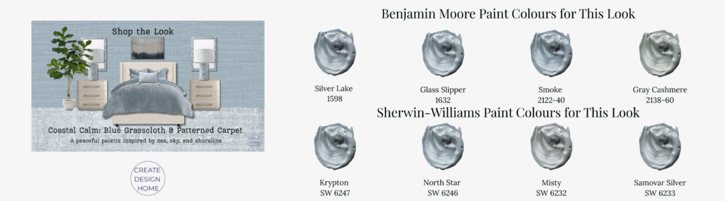 Benjamin Moore and Sherwin William paint colours for the blue grasscloth and patterned carpet mood board