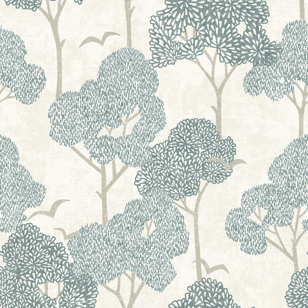 Blue and white botanical peel-and-stick wallpaper. Easy to apply, removable, and perfect for soft coastal style.