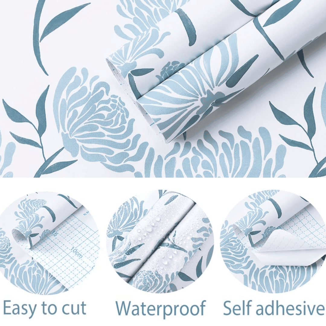 Blue floral peel-and-stick wallpaper with a simple, elegant pattern. Removable and easy to apply.