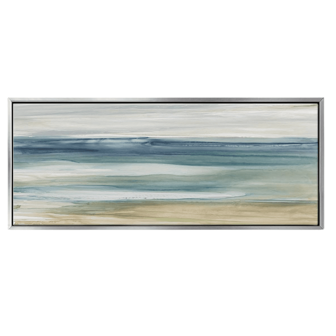Large abstract canvas in blue, white, and green. Textured and modern, perfect for above a bed.
