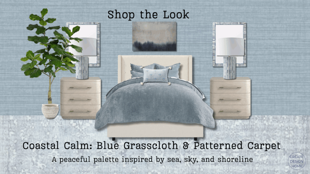 Blue bedroom with mid blue grasscloth wallpaper and patterned rug