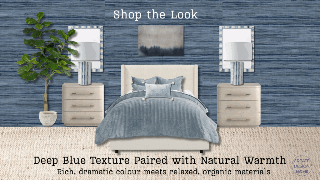 Blue bedroom with deep blue grasscloth wallpaper and jute rug