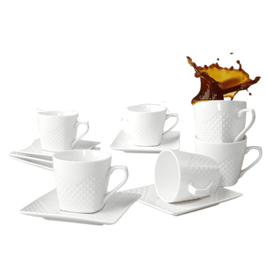 Small embossed porcelain cups with matching saucers — perfect for espresso shots or adding a refined touch to styled kitchen trays.