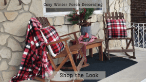 Cozy winter veranda look with rocking chairs, red and black pillows