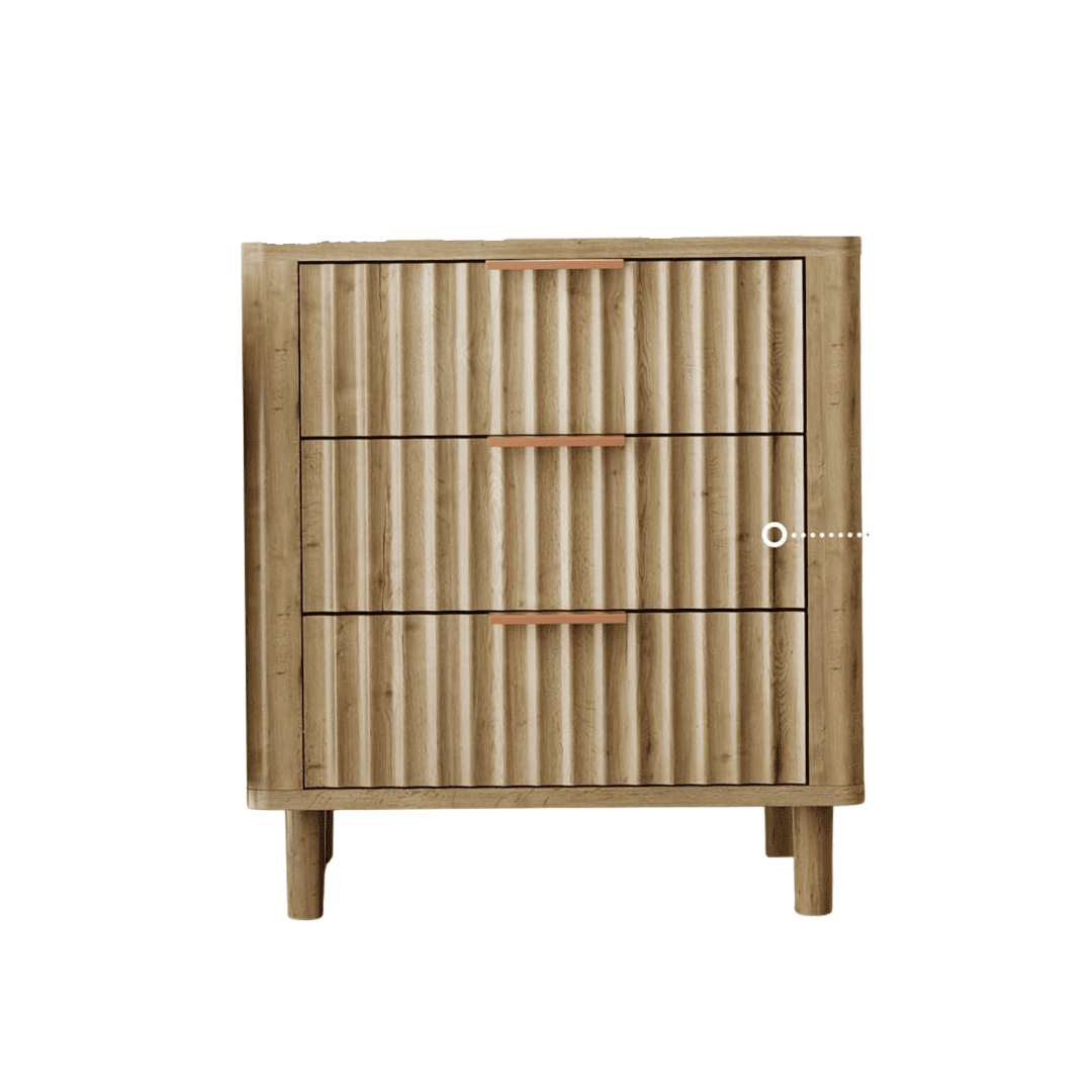 Oak fluted nightstand with three drawers and built-in charging. Stylish, sturdy, and practical.