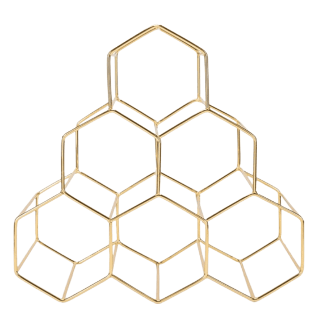 A modern gold-tone metal rack that holds six bottles — a chic, sculptural accent for countertops, bar carts, or open shelving.