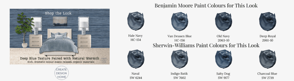 Benjamin Moore and Sherwin William paint colours for the navy wallpaper and jute carpet mood board