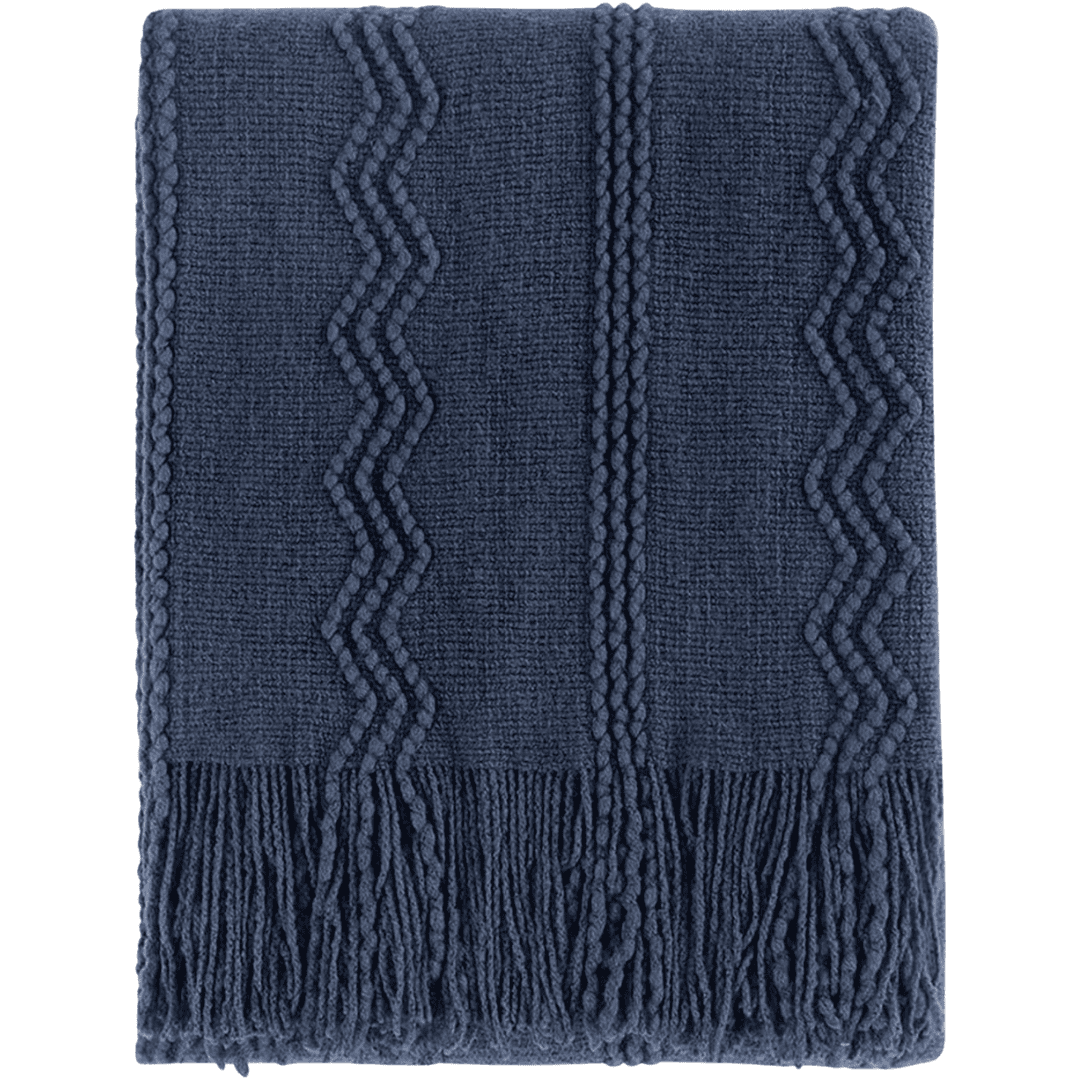 Soft navy knit throw with subtle texture and fringe. Cozy, lightweight, and easy to layer on any bed.