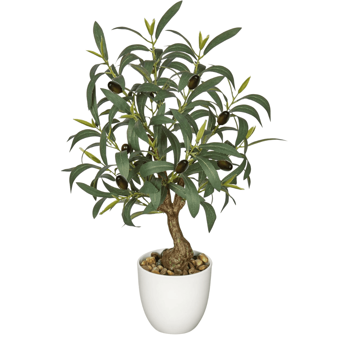 A lifelike olive branch arrangement in a ribbed white ceramic pot — a clean, Mediterranean-inspired accent.