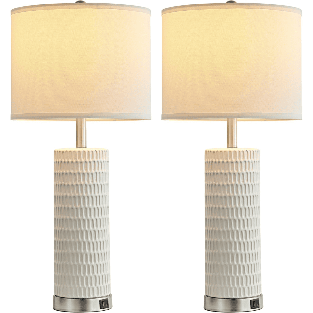 Set of ceramic table lamps with soft fabric shades and touch dimming. Warm, modern, and elegant.