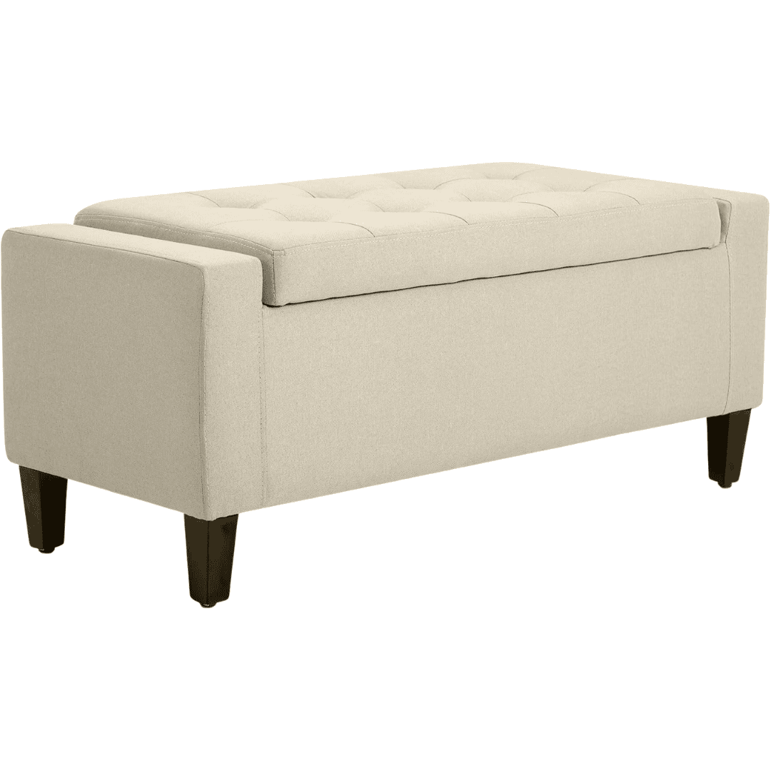 Cream woven storage bench with a hinged lid. A stylish seat with hidden storage for any bedroom.