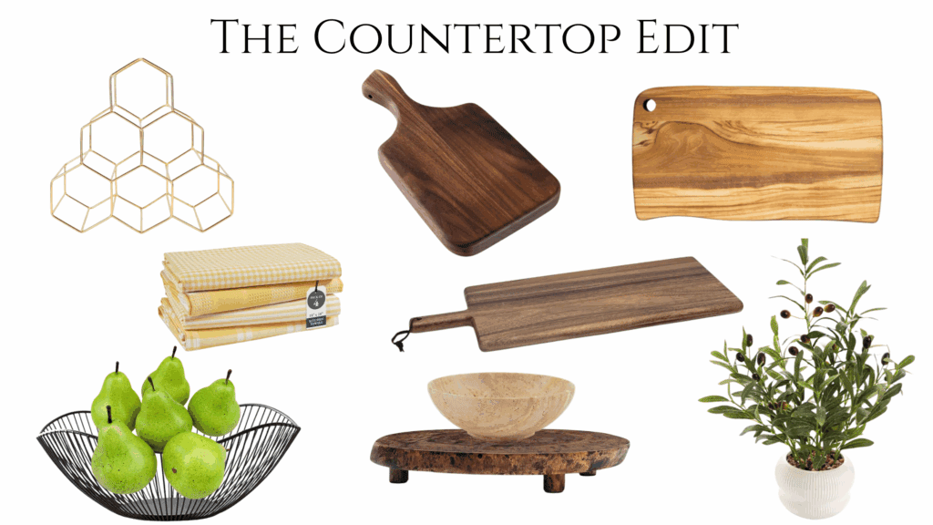 Mood board showing various kitchen countertop styling examples