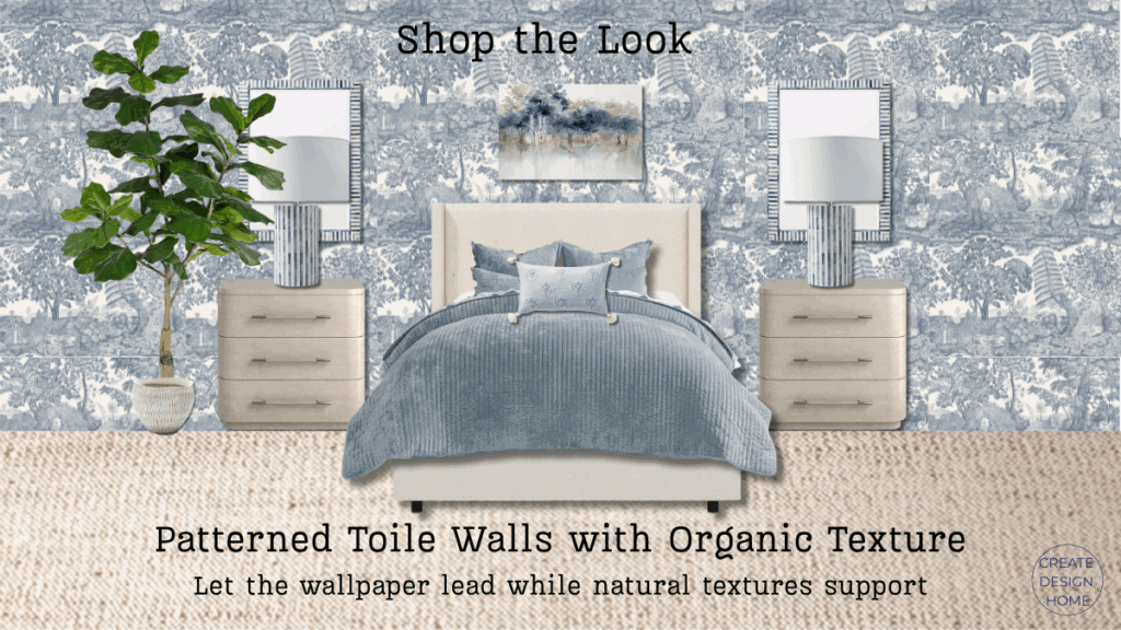 blue bedroom with toile wallpaper and jute rug