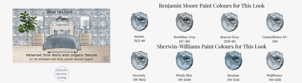 Benjamin Moore and Sherwin William paint colours for the blue toile wallpaper and jute carpet mood board