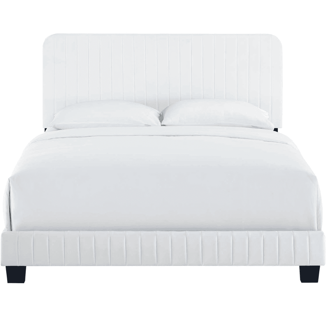 Channel-tufted white velvet bed with a padded headboard. A soft, versatile base for any bedroom style.