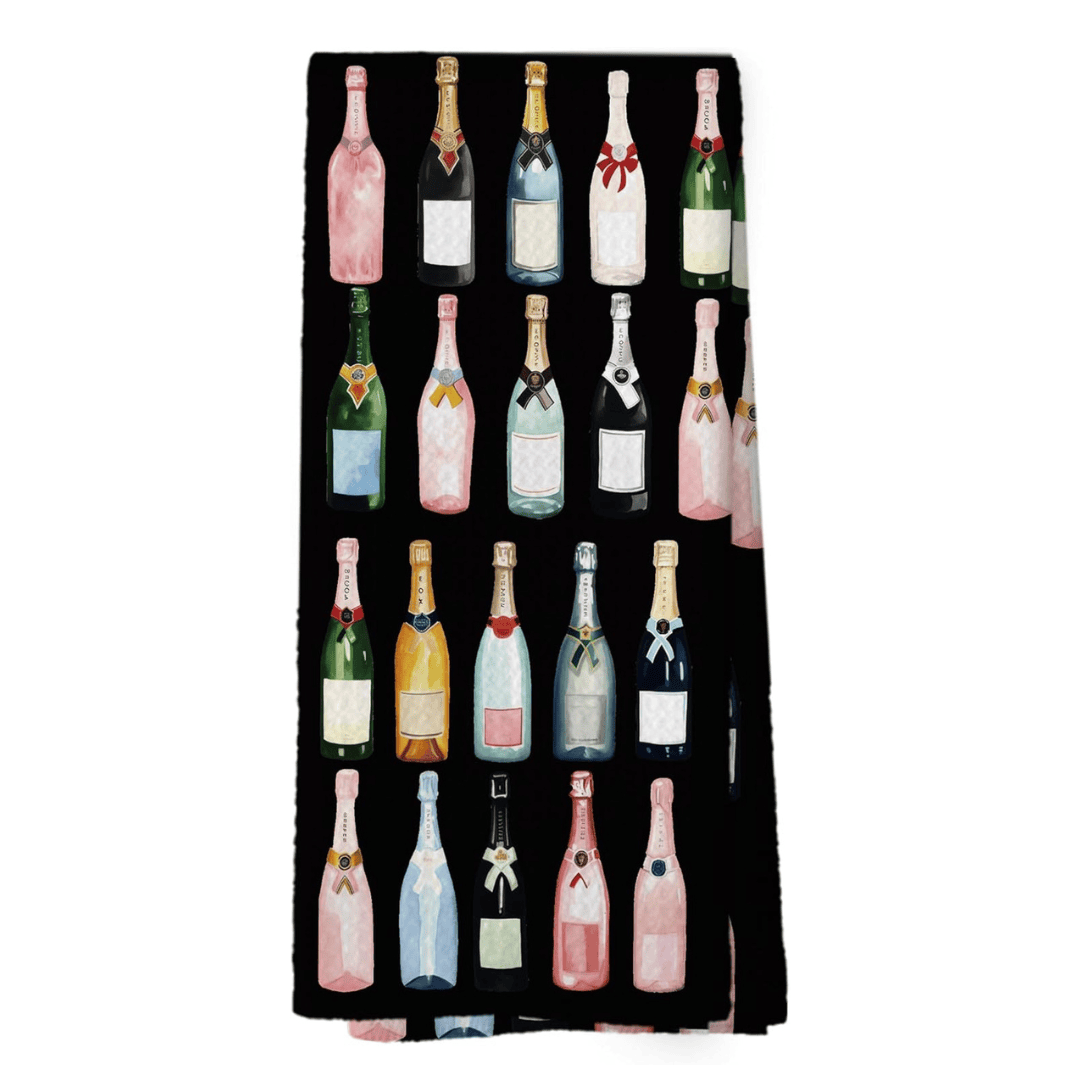 Black tea towel with champagne bottles