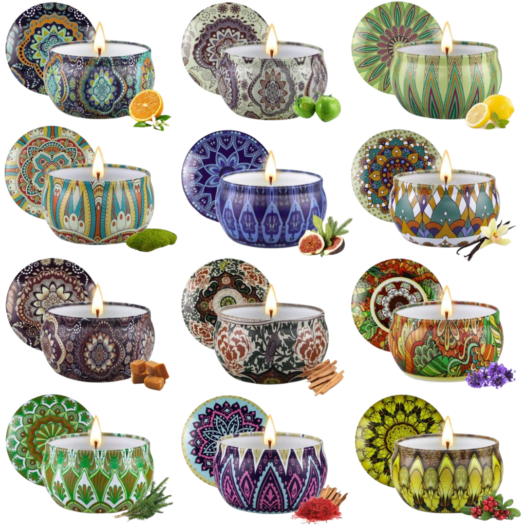 Set of colourful tins containing candles