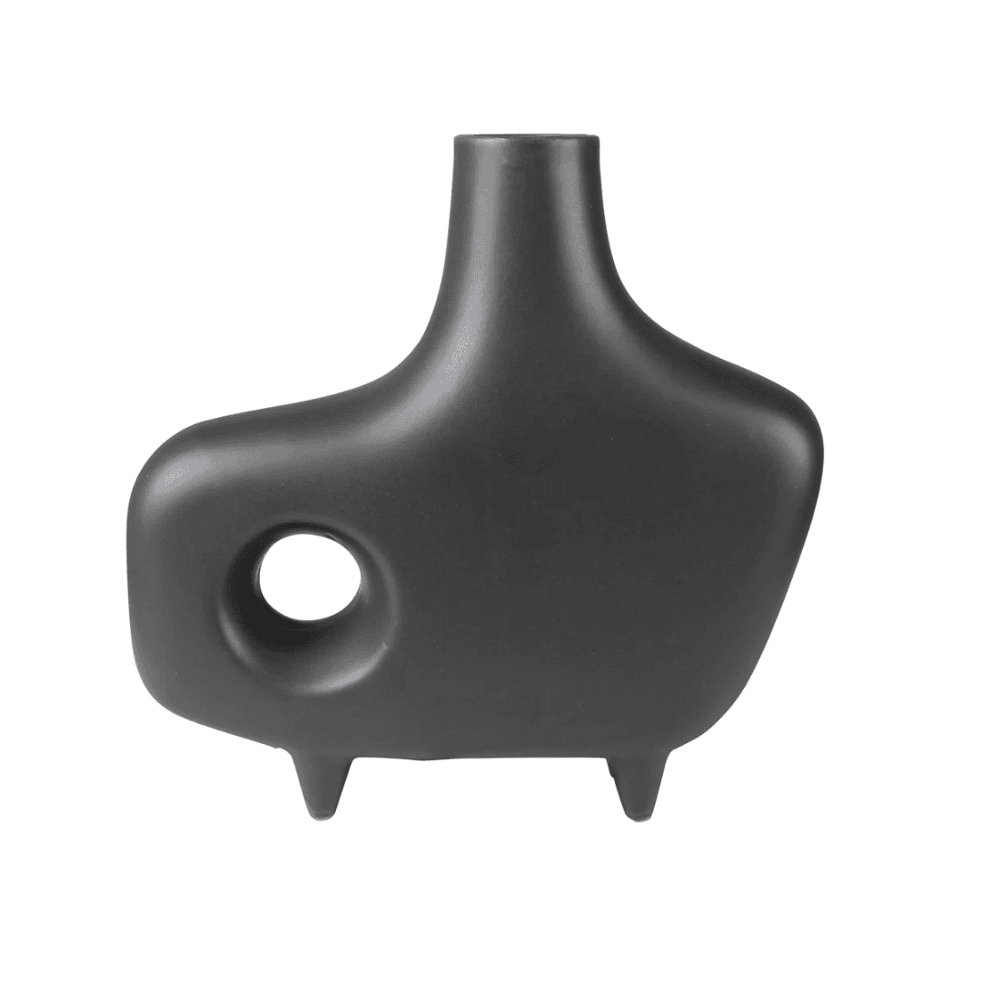 Black ceramic vase with organic curves and single opening.
