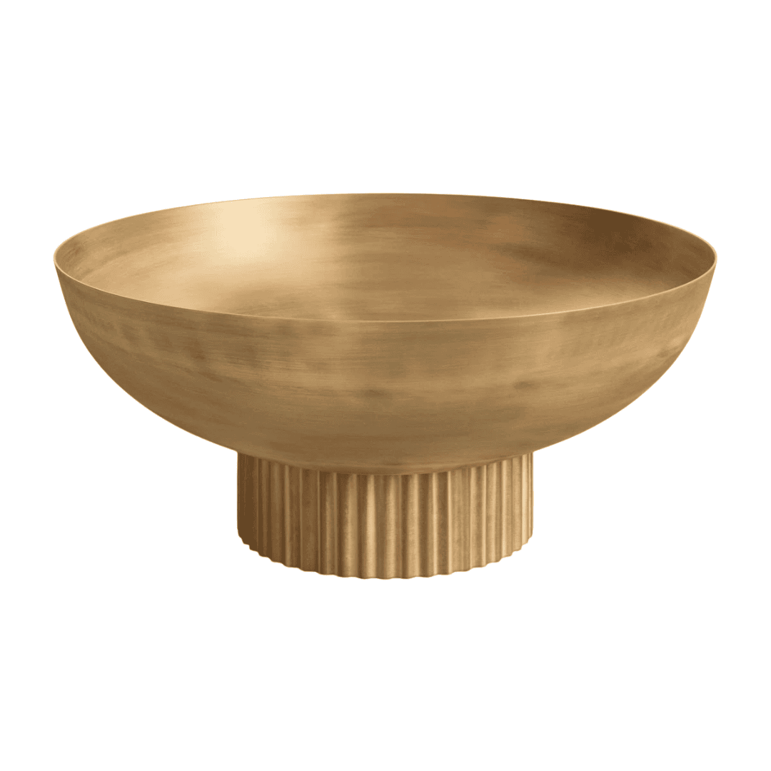 Ribbed metal bowl adds warmth and visual weight.