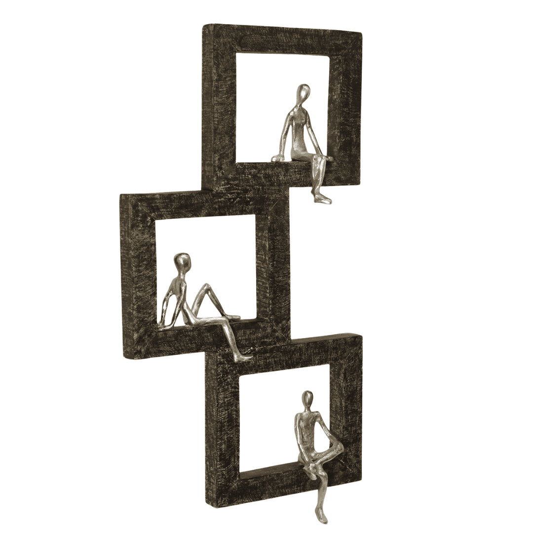 Graphic wall sculpture introduces scale and human form.