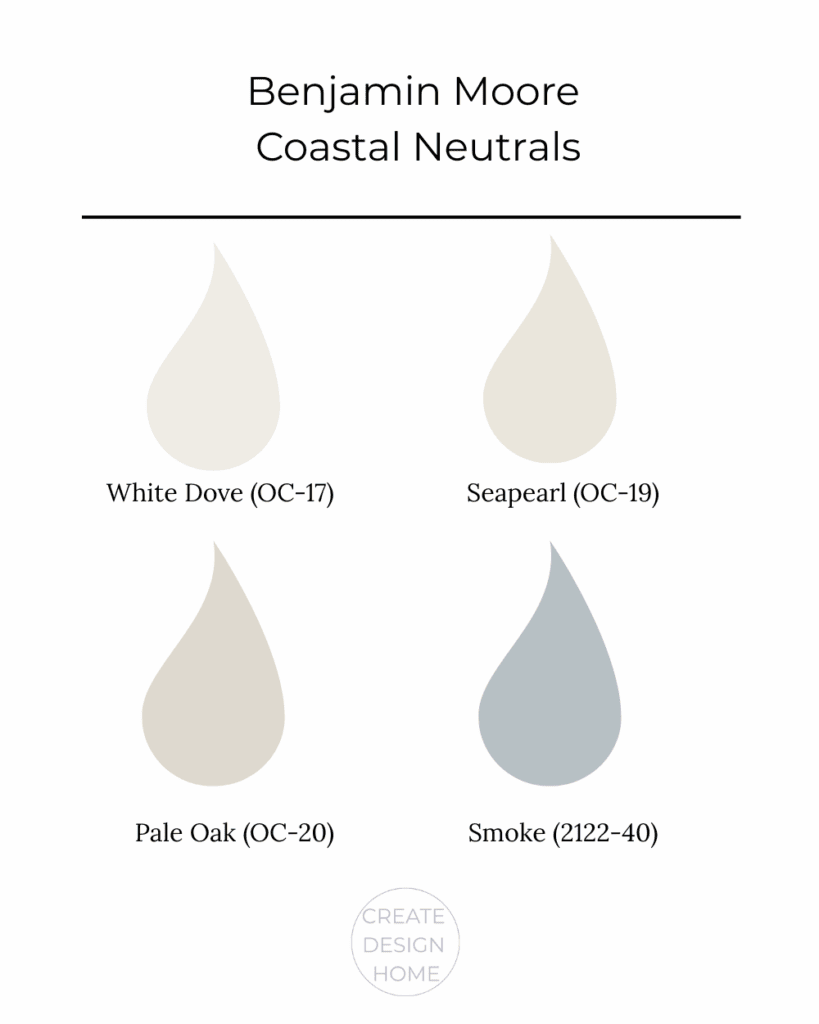 Benjamin Moore coastal paint colours including White Dove, Seapearl, Pale Oak, and Smoke for a light and airy entryway.