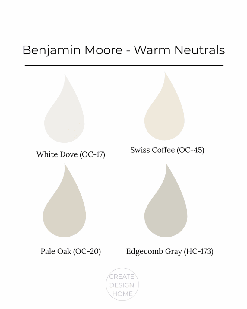 Benjamin Moore warm neutral paint colours including White Dove, Swiss Coffee, Pale Oak, and Edgecomb Gray.