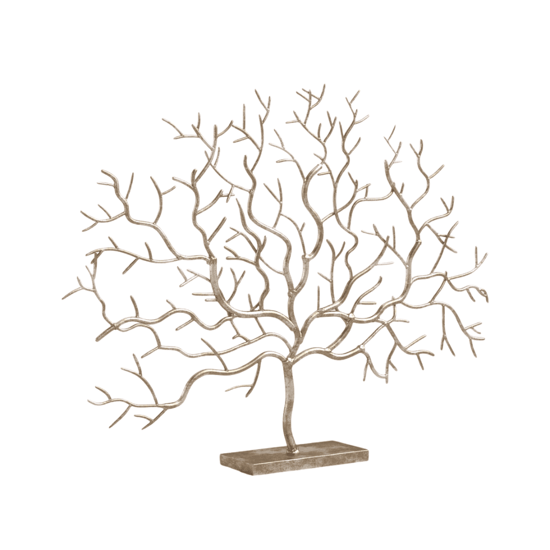 Elegant metal tree sculpture adds sculptural interest to shelves.