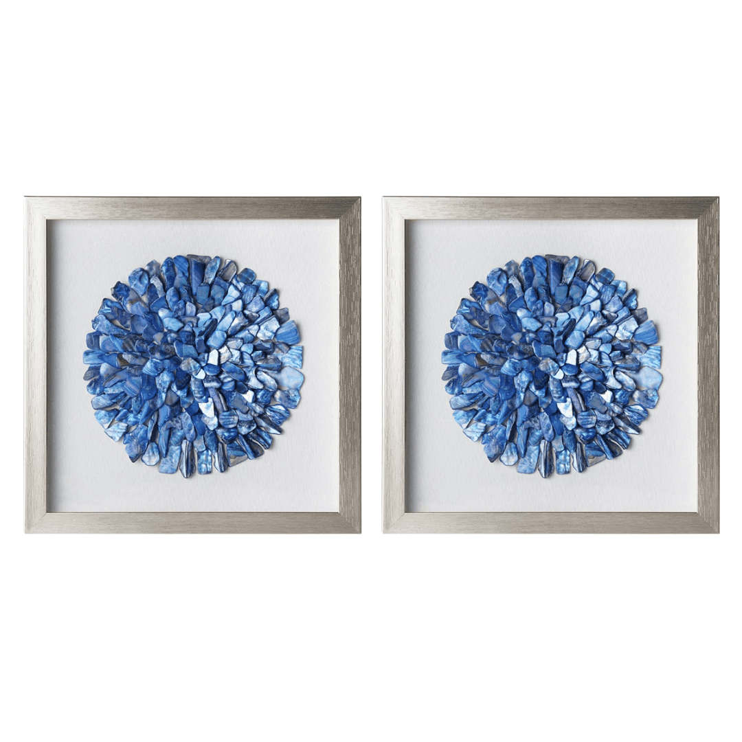 Handcrafted seashell mosaics bring coastal texture and soft blue tones.