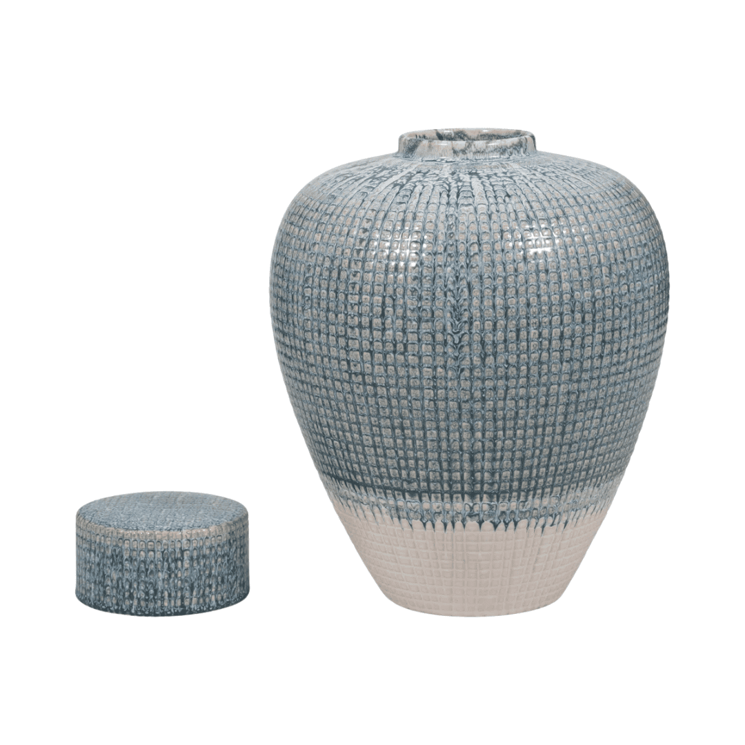 Textured ceramic ginger jar adds refined, timeless decorative appeal.